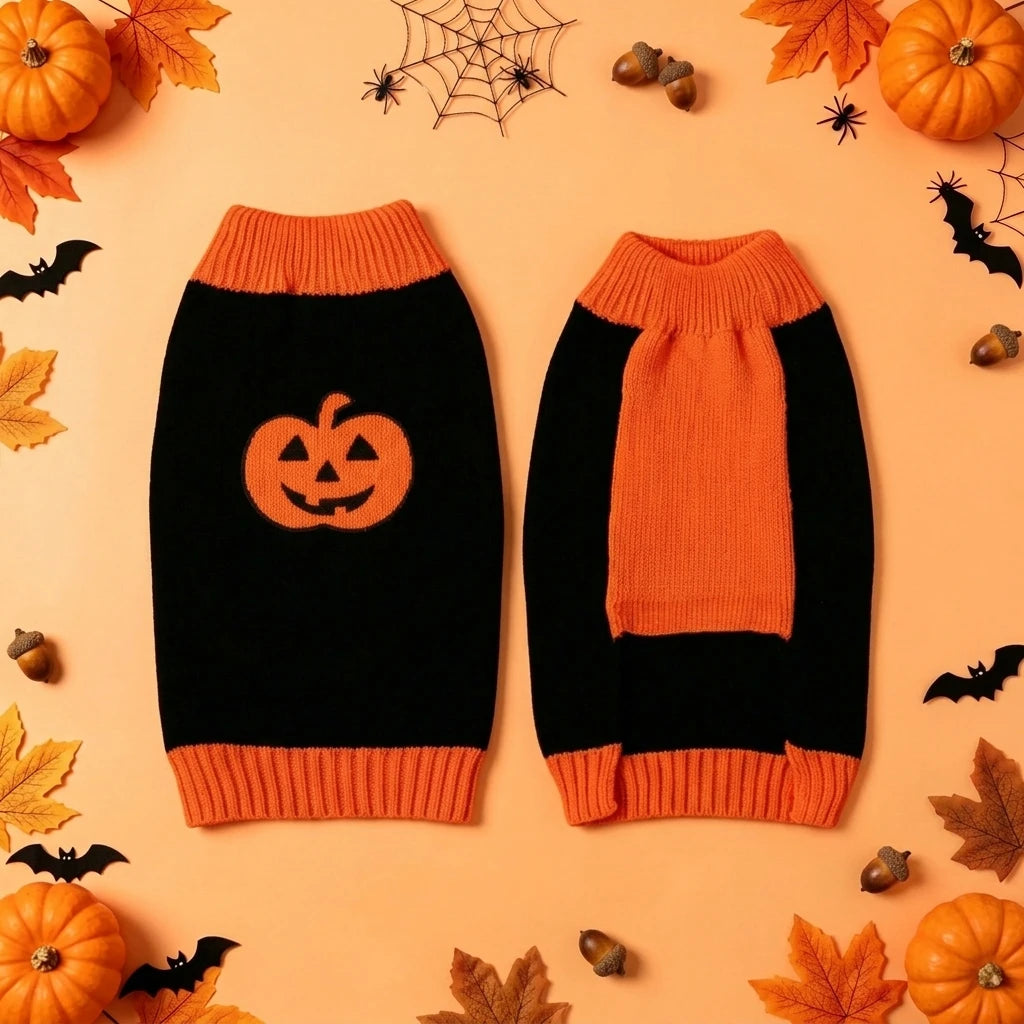Cute Halloween Pumpkin Pet Sweater Dog Cat Clothes Orange Lantern Face Knit Pullover Jumper Outfit Costume Holiday Knitwear Coat