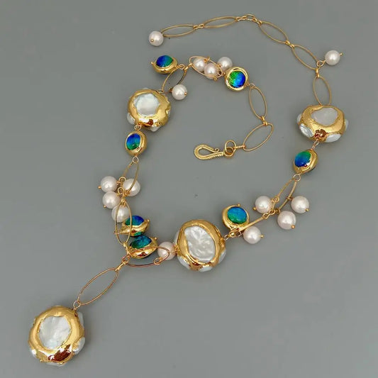 YYGEM hot sale ! Blue Murano Glass 10-11mm  Freshwater Cultured 27mm White Keshi Pearl Gold Filled Chain Necklace 21"