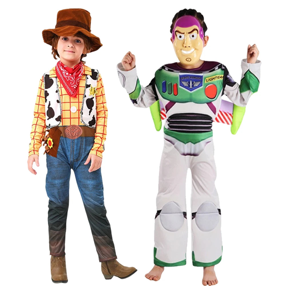 Boys Halloween Cosplay Cowboy Costume 3PCS Buz Jumpsuit Mask Wings Set Stage Performance Birthday Party Role Play Outfit