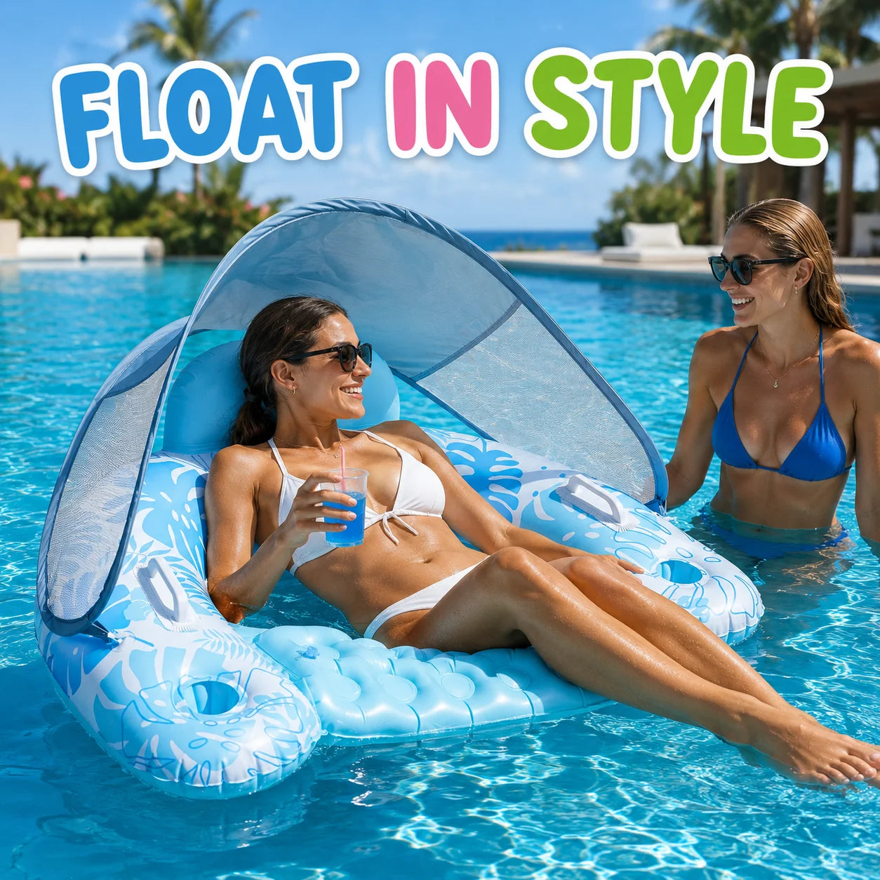 Inflatable Pool Floats Chair with Canopy, Adult Swimming Pool Lounger, Sun Shade Floating Raft Cup Holder for Beach Lake Summer