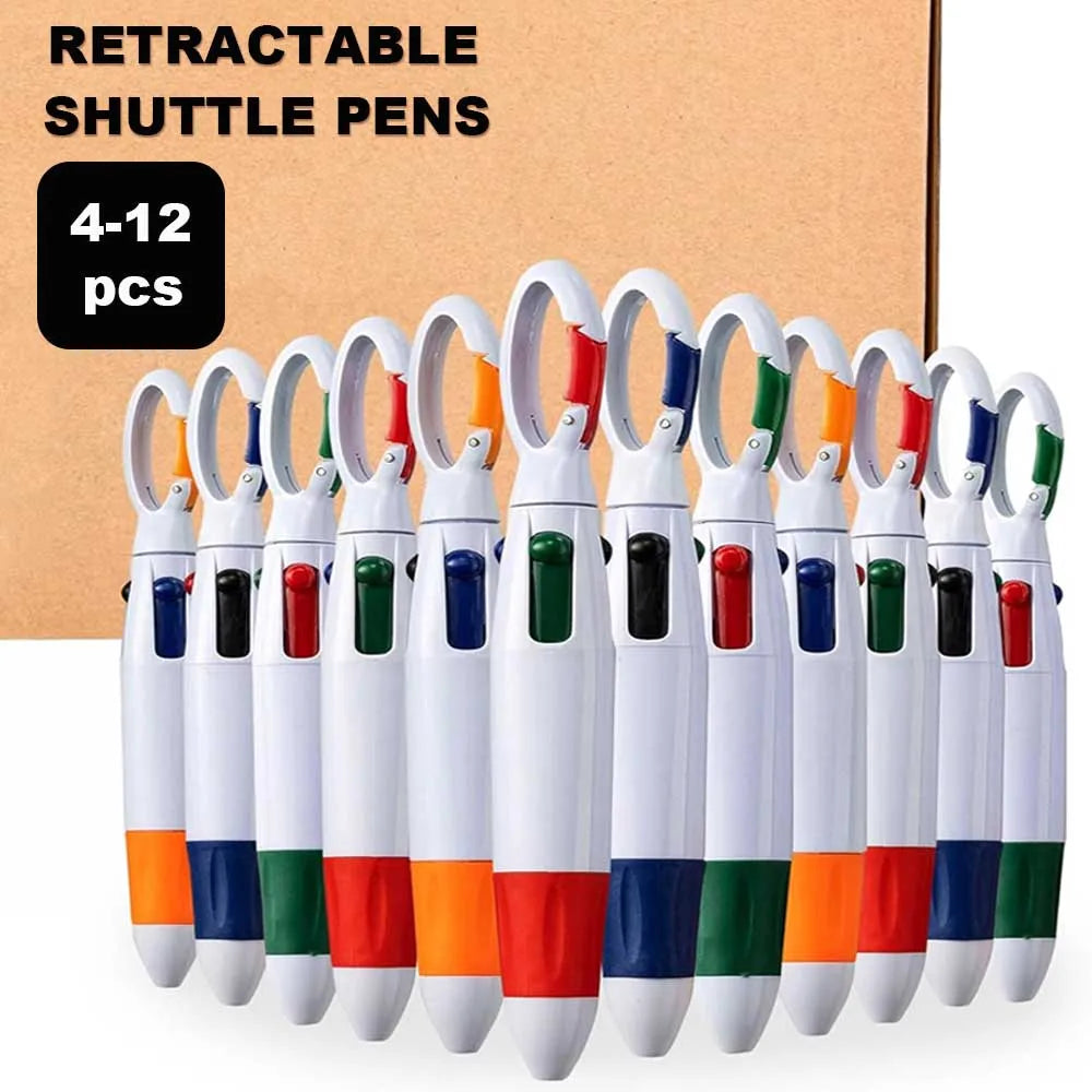 Retractable Shuttle Pens with Carabiner Clip - Pack of 4-12 Bulk 4-in-1 Multi-Colored Ink Ballpoint Pens with Keychain for Adult