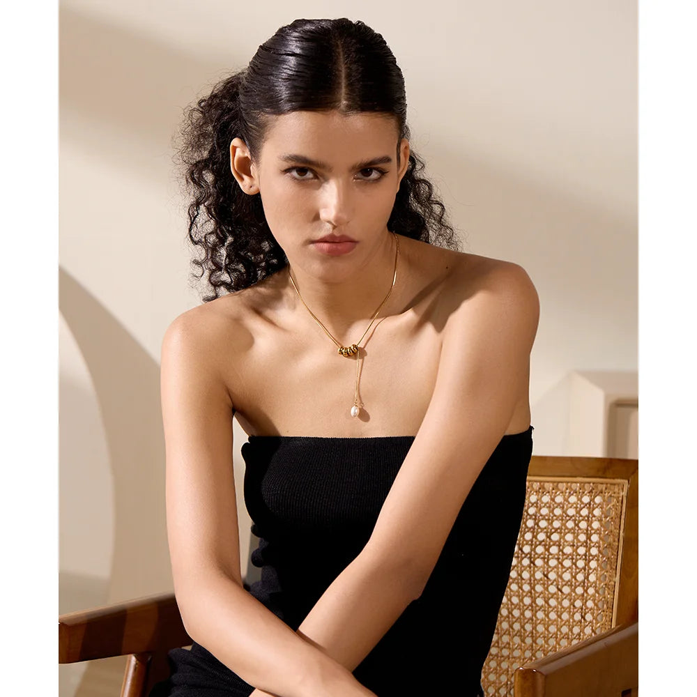 Yhpup Stainless Steel Round Beads Chain Drop Imitation Pearls Fashion Necklace Elegant Charm Jewelry бижутерия для женщин