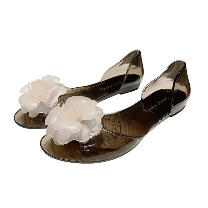 Size 34-41 Womens Flats Sandals Summer Mujer Mules Clogs Flower Jelly Shoes Female Peep Toe Heels Crystal Beach Zapatillas Y31