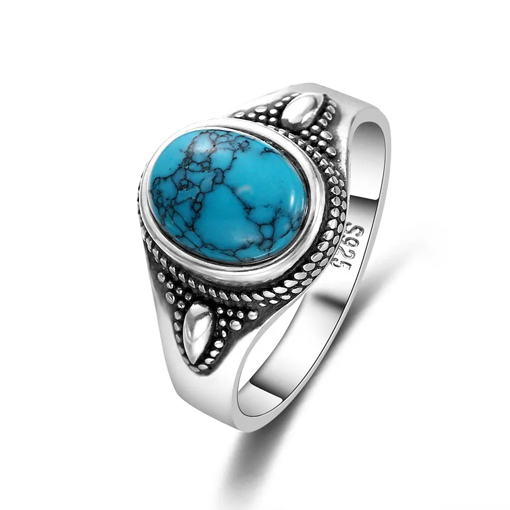 S925 Silver Oval Natural Turquoise Rings for Men Women Silver Fine Jewelry