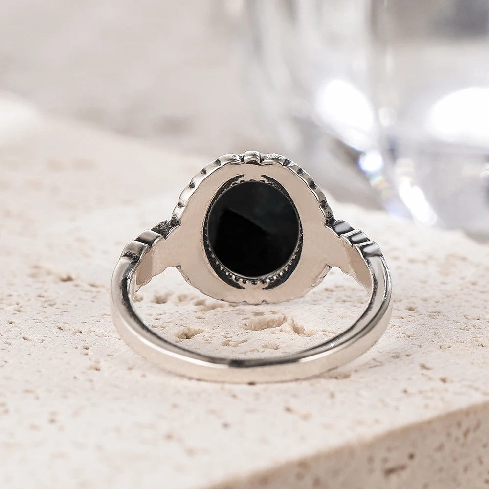 Vintage S925 Sterling Silver Natural Blakc Onyx Ring Oval 8*10MM Simple Black Twists Ring Party Gifts Fine Jewelry For Women Men
