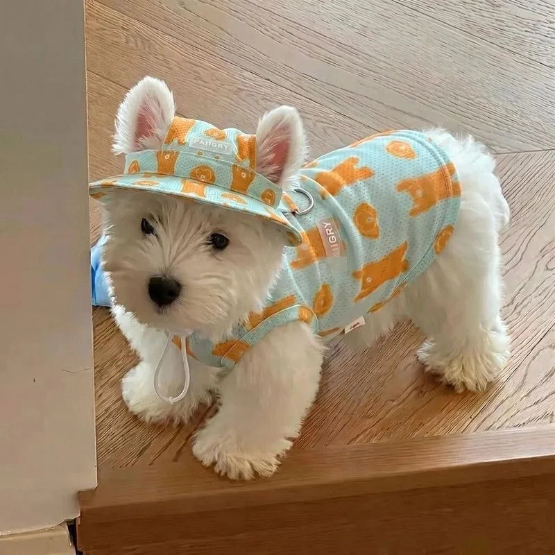 2Pcs Summer Dog Cooling Clothes Set - Cartoon Print Vest with Sun Hat, Breathable Sun Protection Lightweight Quick-Dry Pet Outfi