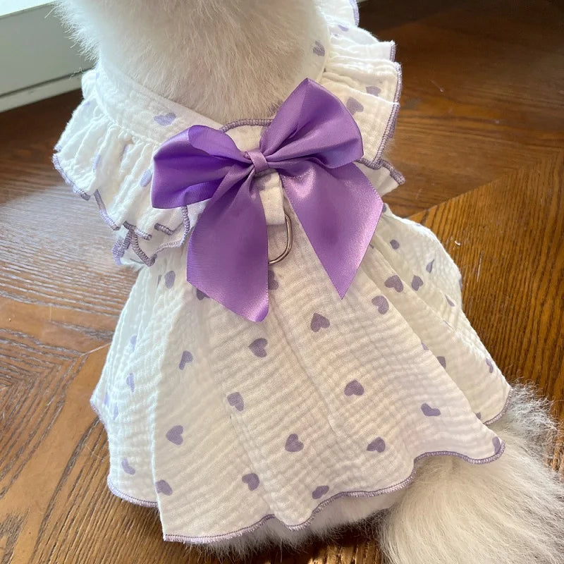 Dog Cooling Dress Summer Thin Bow Heart Print Dog Clothes Pet Skirt Kitten Puppy Costume Chihuahua Bichon Yorkie Girls Dog Vest