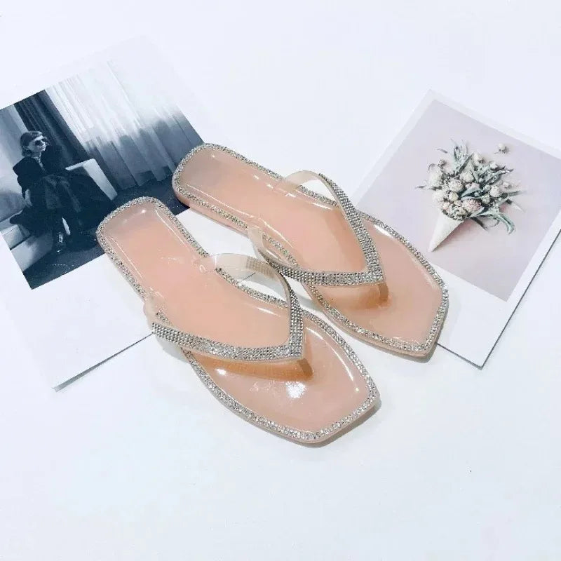 New Summer Square Toe Rhinestone Flip-flops Women's Slippers Fashion Flat Transparent Jelly Shoes Outdoor Casual Beach Slides