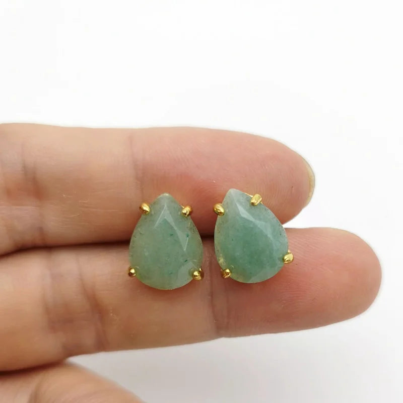 Water Drop Shape Stud Earrings Golden Color Natural Stone Faceted Pink Quartz Crystal Tiger Eye opal Healing Jewelry Female