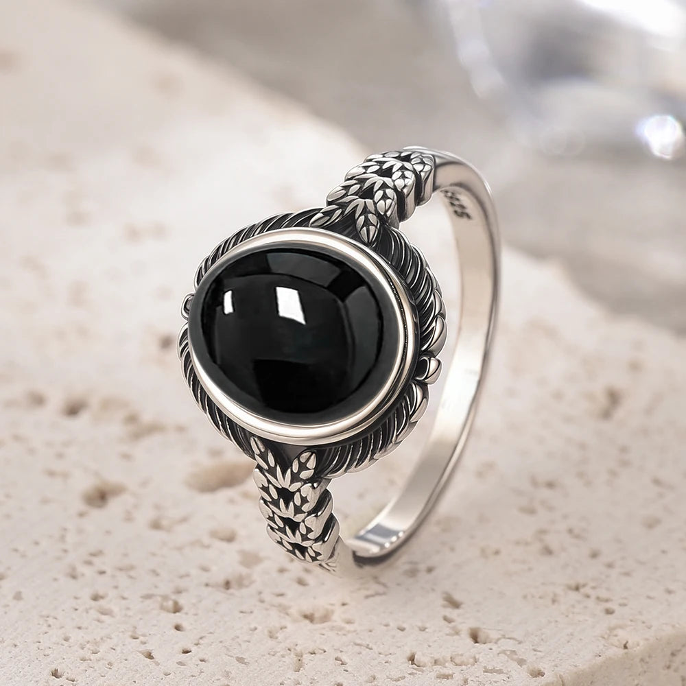 Vintage S925 Sterling Silver Natural Blakc Onyx Ring Oval 8*10MM Simple Black Twists Ring Party Gifts Fine Jewelry For Women Men