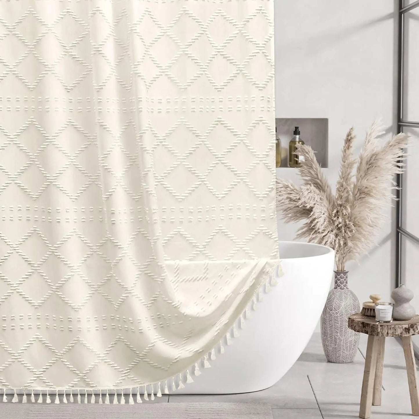 Soft Diamond-Patterned Shower Curtain - Waterproof  Fabric with Boho Tassels,12 Plastic Hooks Included for Modern Bathroom