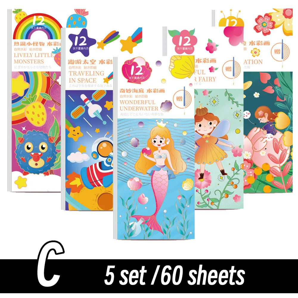 12 Sheets/Set Portable Watercolor Painting Paper Coloring Book With Paint Brush Filling Kids Graffiti Picture Drawing for Kids