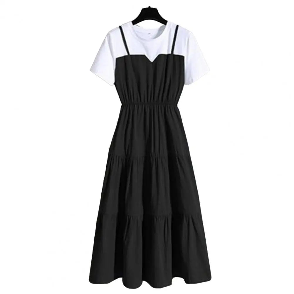 2024 Fashion Strap Fake Two piece Dress Block Summer Short sleeved Dress Women's Waist Tight Dress