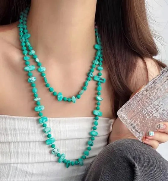 Bohemian Vintage Irregular Natural Stone Necklace for Women Handmade Crystal Beads Double Layer Long Sweater Chain Jewelry Gift
