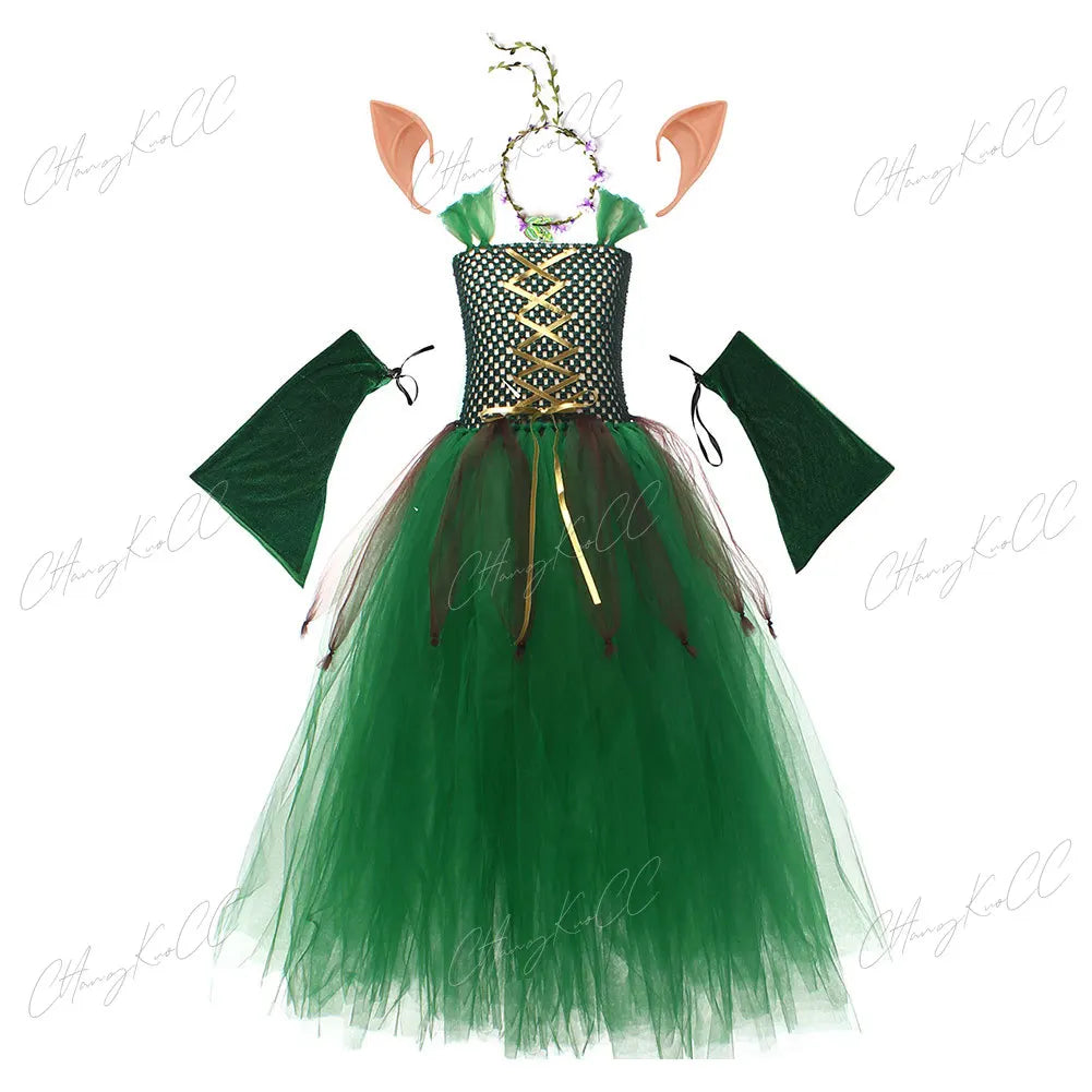 Kids Children Forest Elf Cosplay Princess Green Dress Costume Girls Stage Performance Ears Clothing Outfits Halloween Party Suit