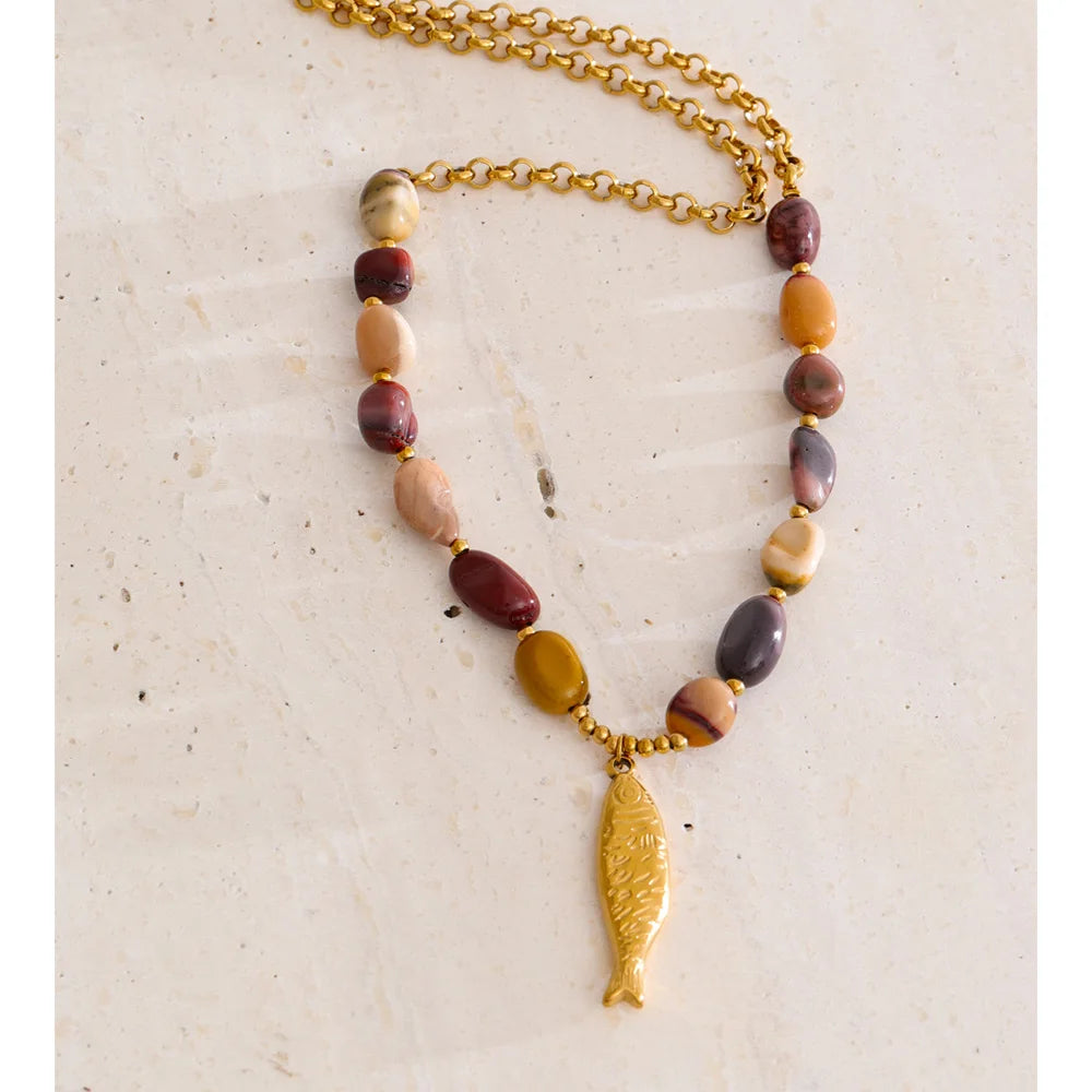 Yhpup Natural Stone Beads Chain Fish Pendant Necklace Ocean Series Stainless Steel Handmade Statement Jewelry Accessories