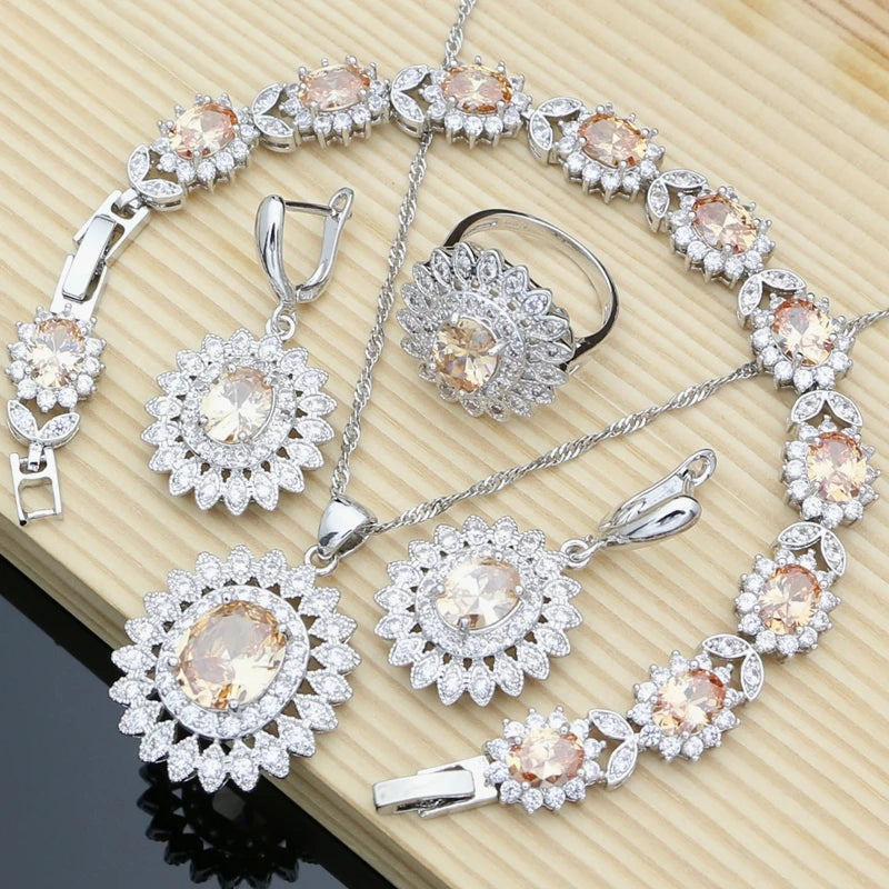 Natural Oval Blue Zircon White CZ Silver 925 Jewelry Sets For Women Party Earrings/Pendant/Necklace/Rings/Bracelet Dropshipping