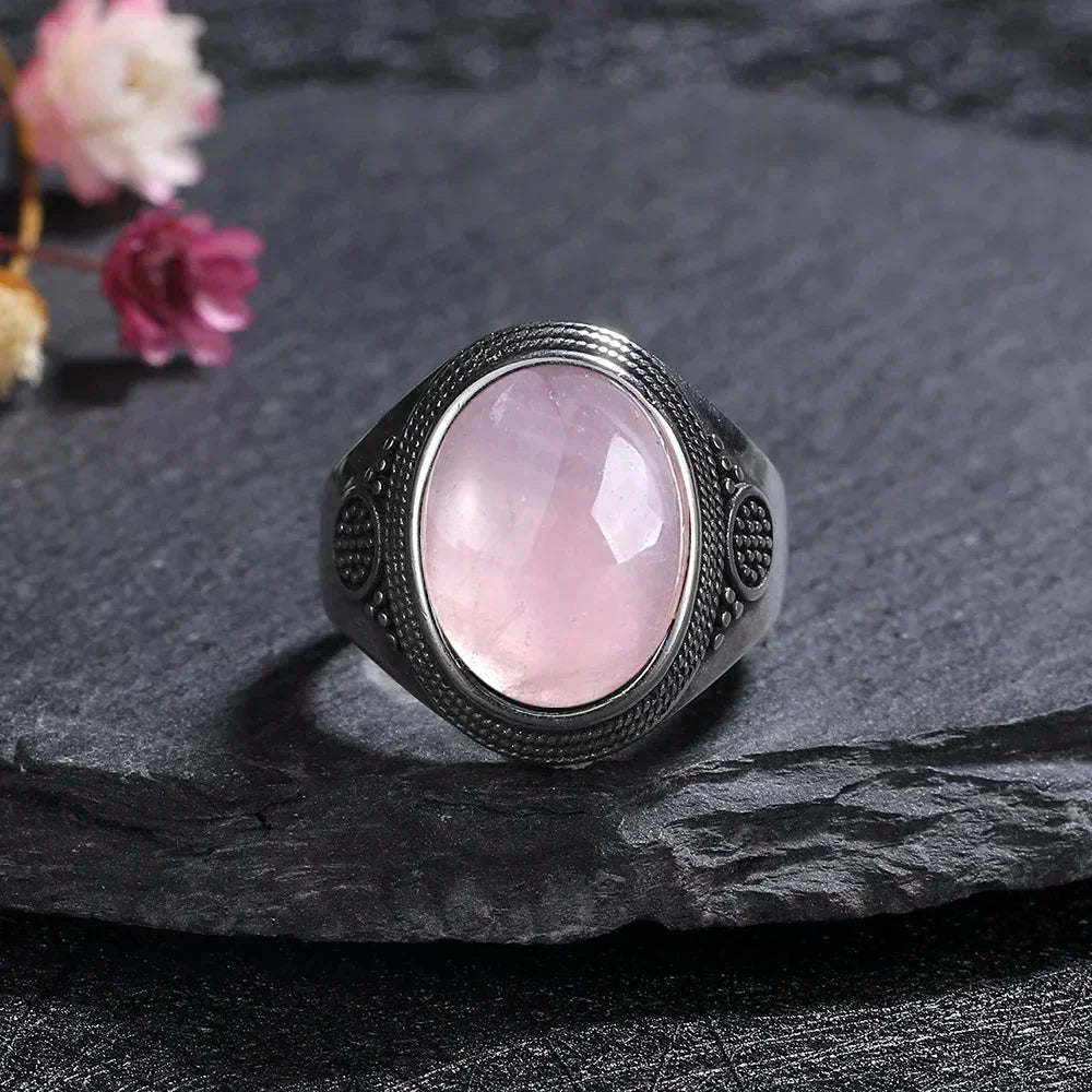 S925 Sterling SilverRing for Women Oval Round Natural Rose Quartz Ring Gift Sun Shaped Retro Luxury Fashion Fine Jewelry