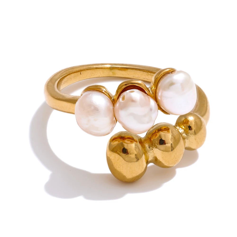 Yhpup Natural Freshwater Pearl High Quality Adjustable Embrace Ring for Women Stainless Steel Charm Fashion Jewelry Gift