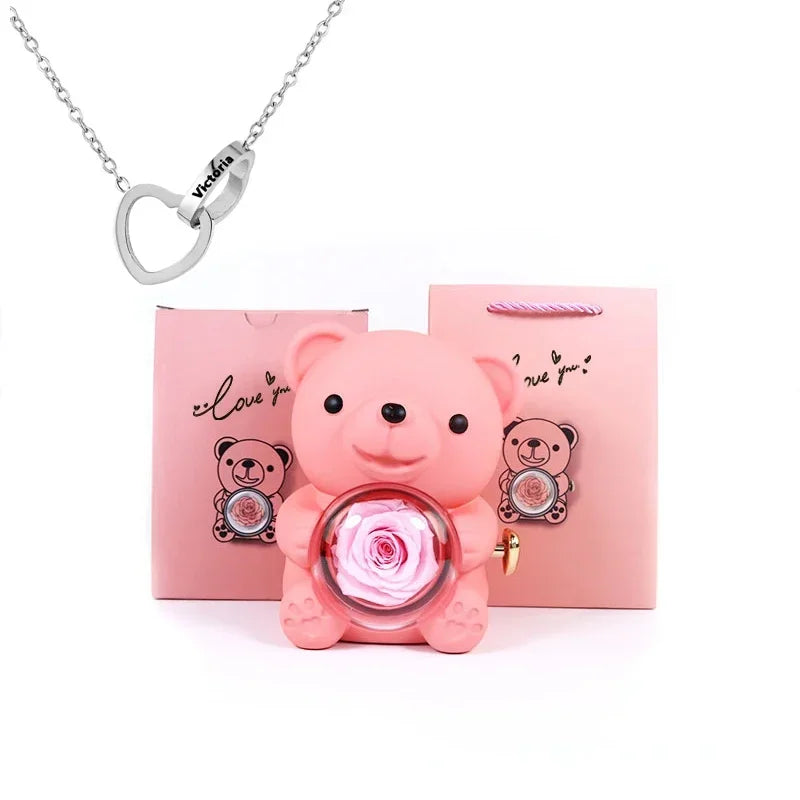 Mini Delicate Heart Engraved Necklace Lovely Bear Jewelry Boxes Valentine's Day Mother Day Birthday Gift Paper Bag Set