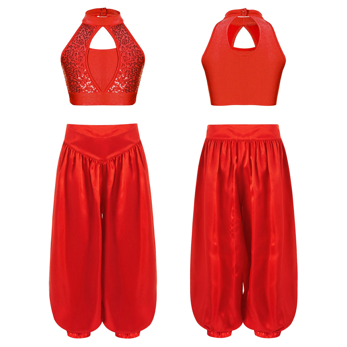 Kids Girls Belly Dance Outfits Sequin Ruffle Crop Top+Wide-Leg Satin Bloomers Pants for Tribal Arabic Halloween Carnival Costume