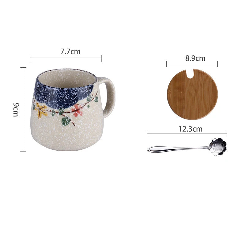 YWDL 350ml Japanese Ceramic Coffee Mug With Lid And Spoon Milk Breakfast Cups Home Heat-resistant Teacup Tumbler Water Mug Gift