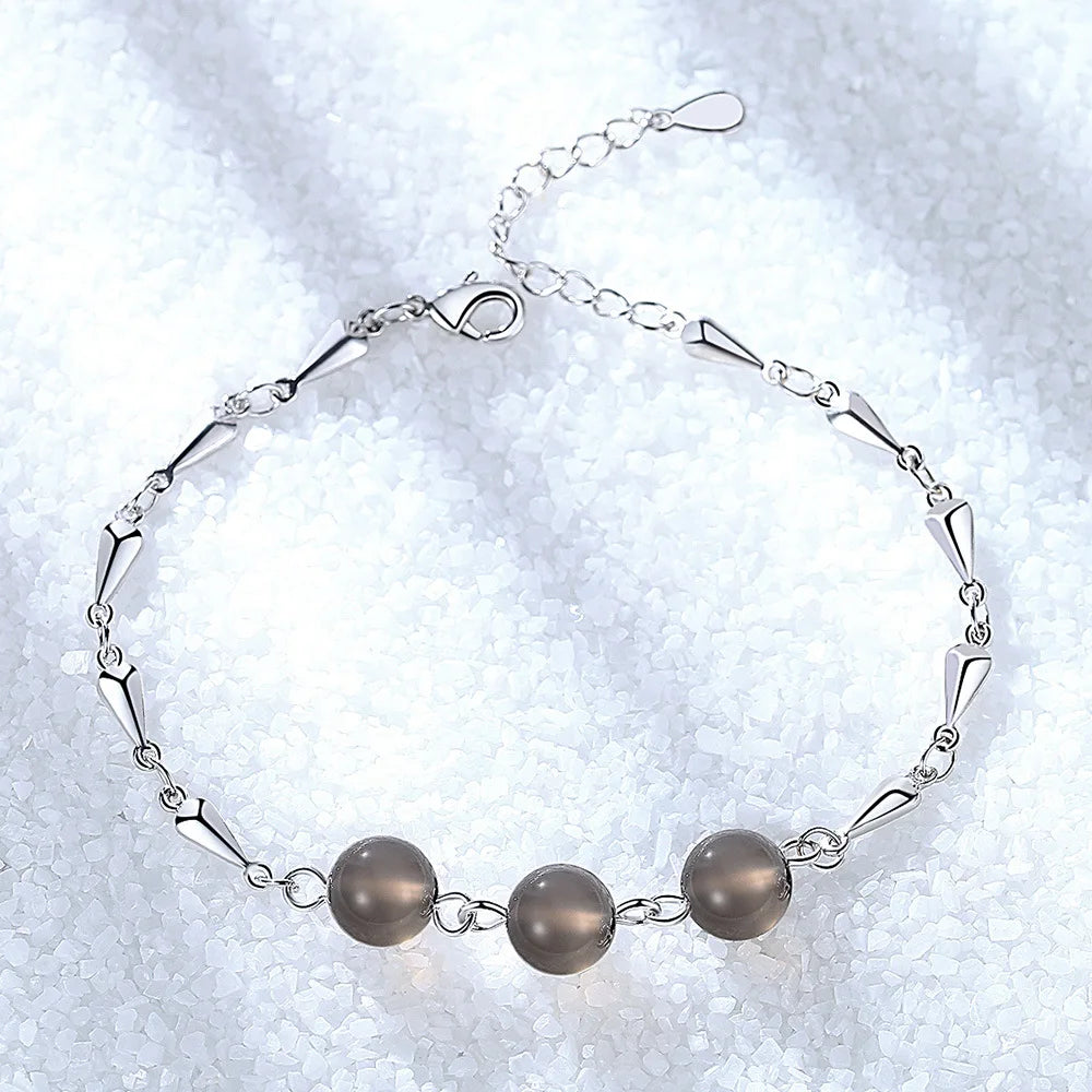 S925 Sterling Silver Bracelet Natural Gray Agate Crystal Bead Bracelet Engagement Party Jewelry Gift For Women