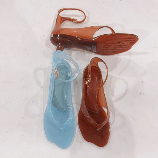 Summer Women's Low Heel Herringbone Sandals Vacation Style Crystal Jelly Beach Shoes Fashion Comfortable Buckle Flip Flops Shoe
