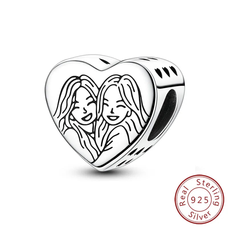 925 Sterling Silver Heart Shape Charm Beads Mother Daughter Family Pet Paw Beads Fit Bracelets Mother's Day Jewelry Gift