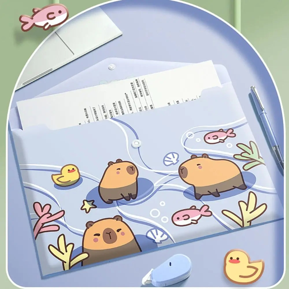 5PCS/Set Capybara Snap-fastener A4 File Folder Waterproof Large Capacity File Bag PP Test Paper Storage Envelope Folder Student