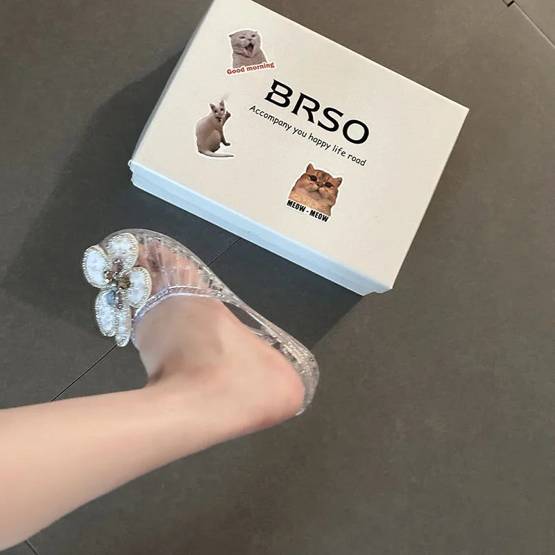 Summer Crystal Slip-On Flat Bottom Transparent Women's Sandals Outdoor Wear Flower Jelly Slippers Open-Toe Slippers Casual Shoes
