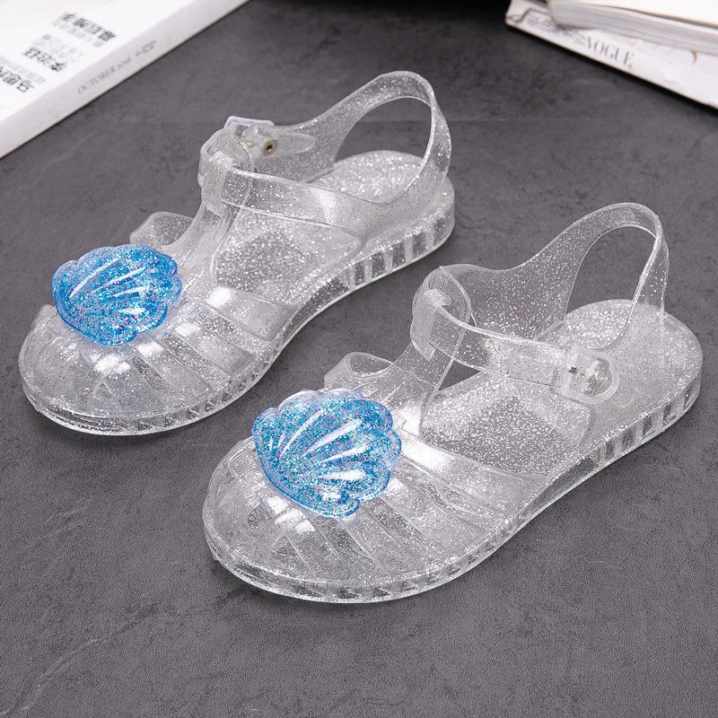Summer Children Closed-Toe Beach Soft Sole Non-Slip Kids Hollow Casual Shoes Jelly Crystal Girls Casual Roman Princess Sandals
