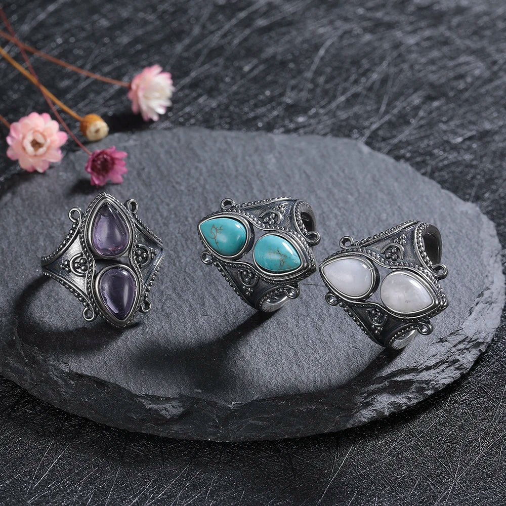 S925 Silver Jewelry Ring Natural Turquoise Moonstone Amethyst Stone Vintage Ring For Women Party Gifts