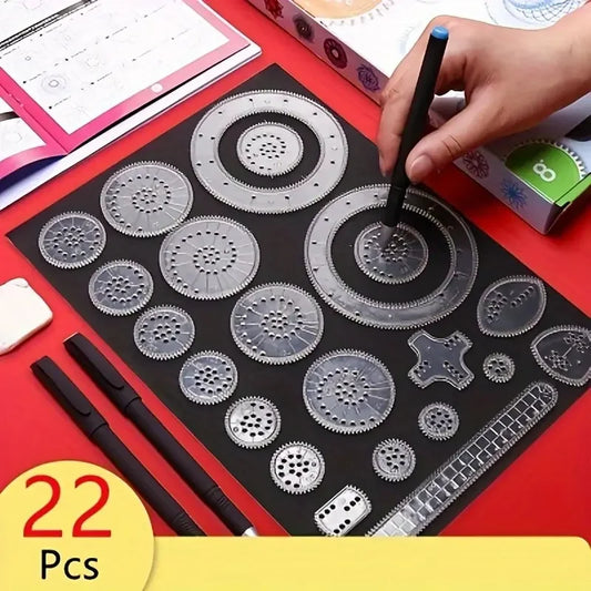 Gear Drawing Ruler Set – 22pc Spirograph Stencils with Marker for Black Paper