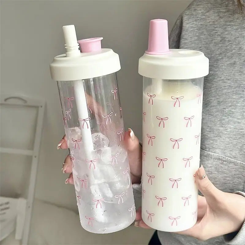 700ml Portable Large Capacity Women Water Cup Pink Bow Print Tumbler Water Bottle with Straw Lid Girly Attractive Drinking Cup