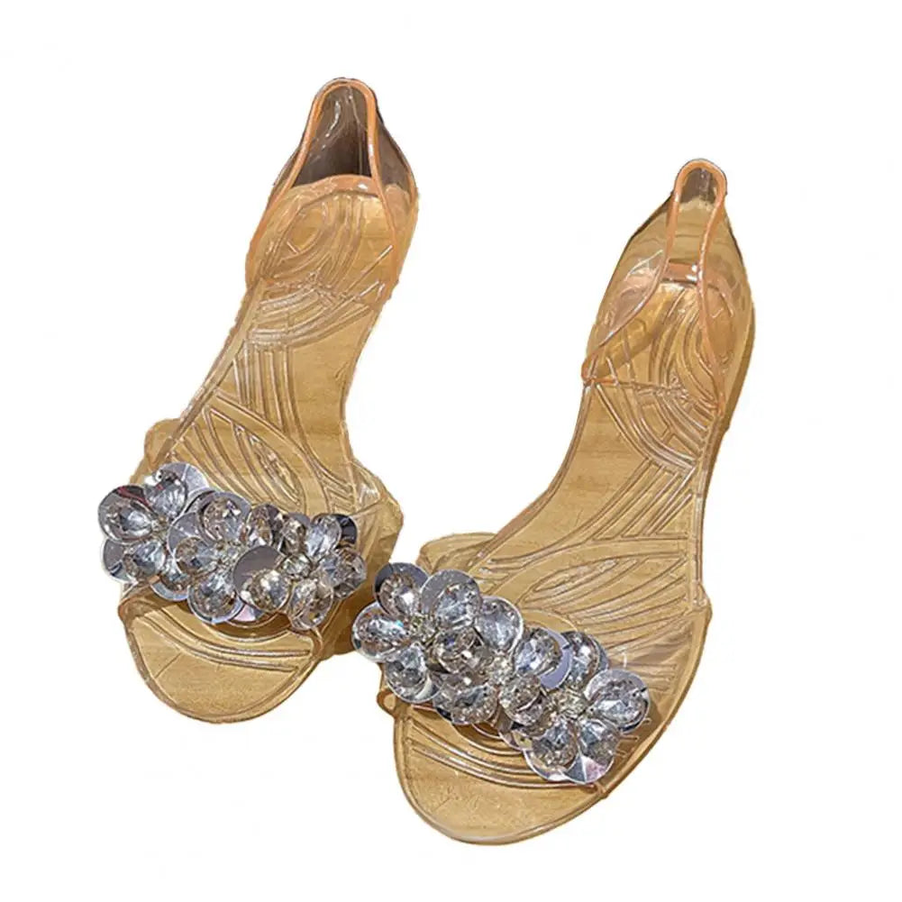 Women Transparent Summer Sandals Flat Fish Mouth Jelly Sandals Open Toe Beach Shoes with Fake Diamonds for Street Party Work