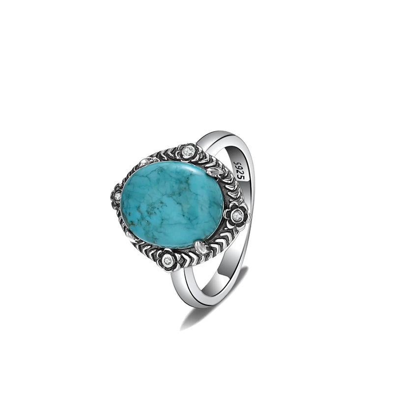S925 Silver Oval Natural Turquoise Rings for Men Women Silver Fine Jewelry