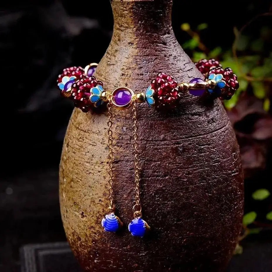 Vintage Simple Bohemia Fashion Natural Garnet Stone Ethnic Bracelet Multi-Circle Pomegranate Crystal Charming Bracelet Gifts