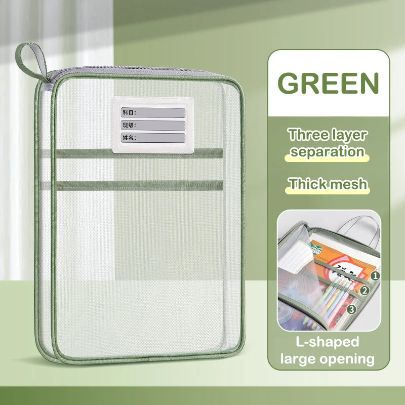 〔R〕A4 Stationery Storage Bag Double-layer Mesh Zipper Bag Large Capacity Organizer Folders School Office Supplies Stationary Bag