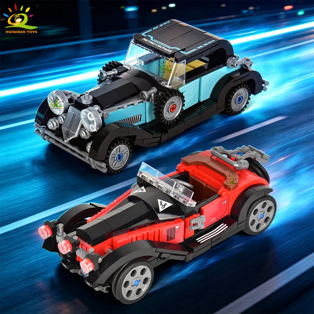 HUIQIBAO MOC Retro Racing Sports Car With Display Rack Building Blocks Set Classic City Racing Truck Model Bricks Kit Ornament