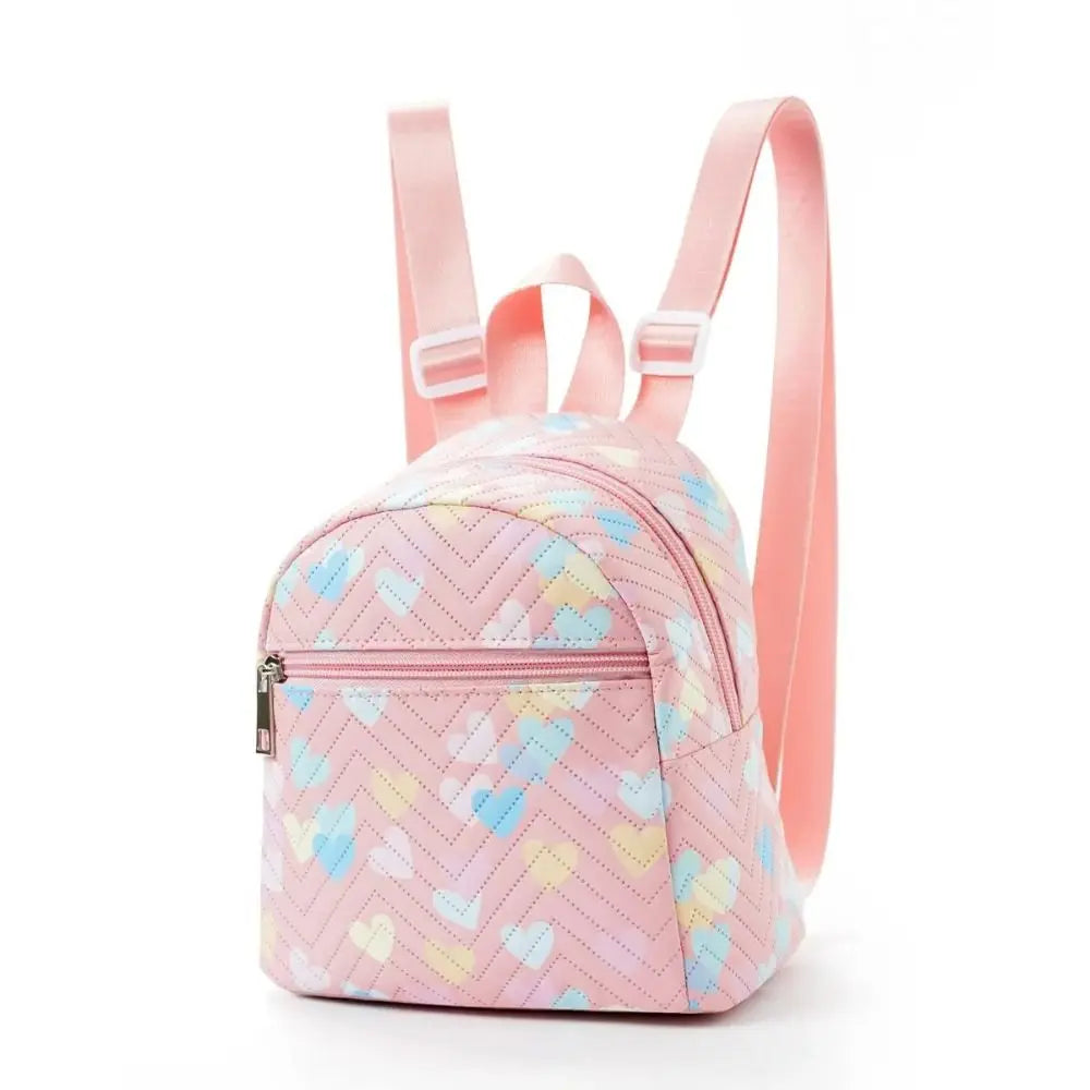 Cute Heart Print Mini Backpack PU Pink Small School Bag Large Capacity Quilted Backpack