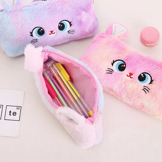 1/5/10PCs Plush Cartoon Pencil Case Cute Cat Pencil Pouch Large Capacity Pencil Bag Stationery for Girls Kids Back to School