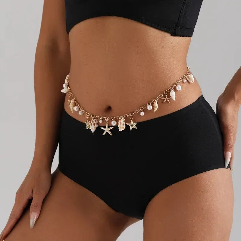 Fashion Natural Shell Conch Sea Star Imitation Pearl Tassel Pendant Waist Chain for Women Sexy Boho Summer Chain Belt Necklace