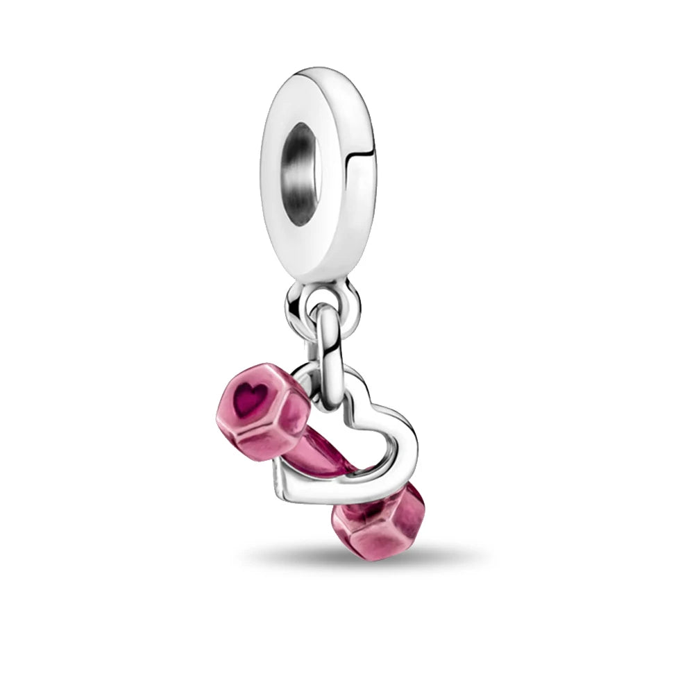 Nostalgic 925 Silver Red Dumbbells&Pink Motorcycles&Natural Pearl Shells&Hearts&Frosted Mura Charm Fit DIY Bracelet Jewelry