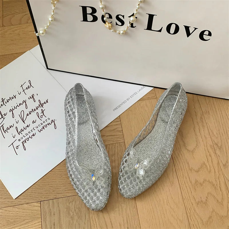 Fashion Crystal Butterfly Jelly Sandals Clear Sequin Outdoor Beach Flat Shoes Causal Comfort Vacation Mesh Breathable Footwears
