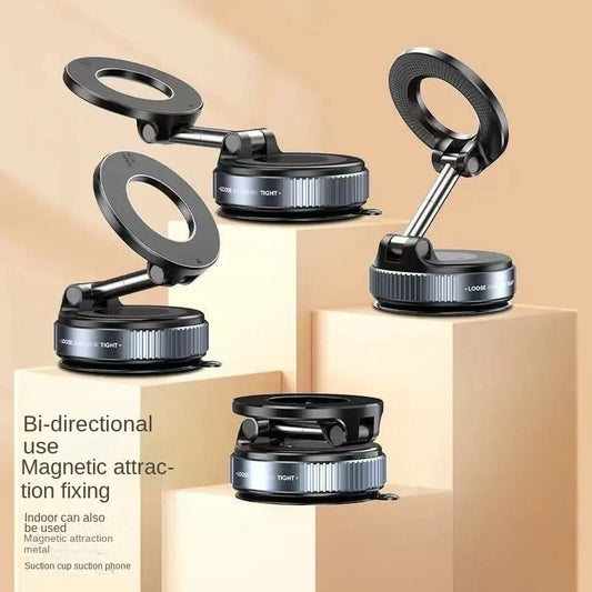New car phone holder with magnetic suction, folding vacuum suction, rotating folding mechanism, and large silicone suction cup.