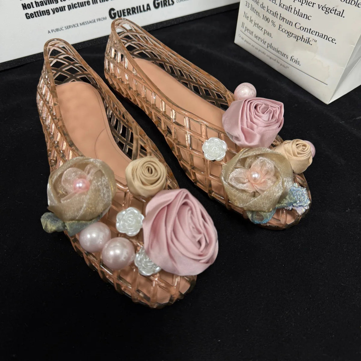 Women's Colorful Hollow Grid Flat Sandals Summer Ladies Flat Jelly Shoe DIY Non-slip Vacation Beach Shoes with Shoes Accessories