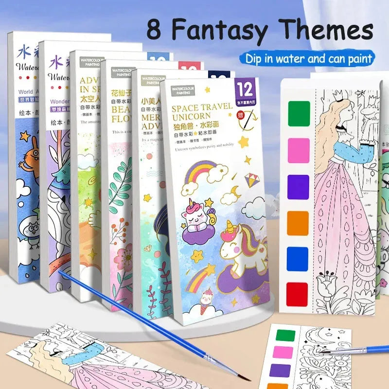 Portable Watercolor Book Set - 12 Sheets Gouache Painting with Brush, Kids Graffiti Drawing Art Stationery