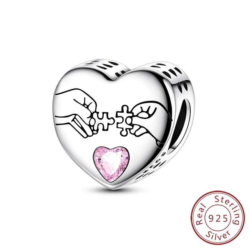 925 Sterling Silver Heart Shape Charm Beads Mother Daughter Family Pet Paw Beads Fit Bracelets Mother's Day Jewelry Gift