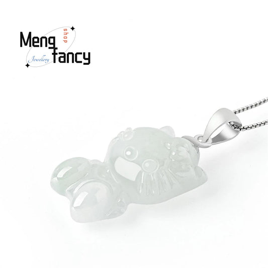 S925 Silver Natural Myanmar A-goods Jadeite Cute Cat Female Pendant Exquisite Elegant Mascot Best Selling Fashion Luxury Jewelry